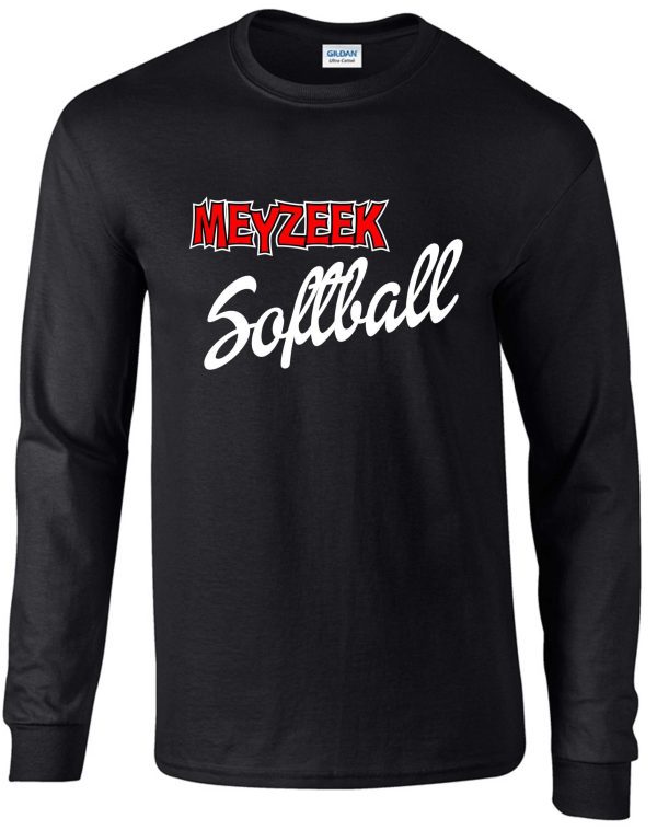 Meyzeek Softball Long sleeve T-shirt cotton G2400 with "meyzeek softball" text in red and white on the front.