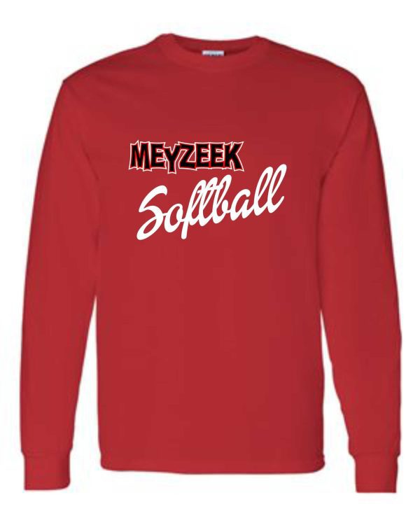 Red Meyzeek Softball long-sleeved T-shirt with the words "meyzeek softball" printed in white across the chest.