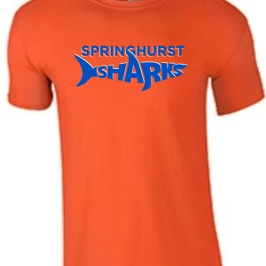 Springhurst Sharks Orange 100% cotton Soft style T shirt 64000 featuring the blue text "springhurst sharks" across the front.