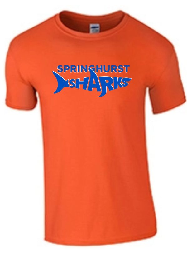 Springhurst Sharks Orange 100% cotton Soft style T shirt 64000 featuring the blue text "springhurst sharks" across the front.