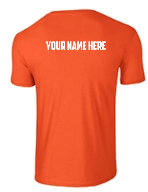 Springhurst Sharks Orange 100% cotton Soft style T shirt 64000 with "your name here" text on the back.