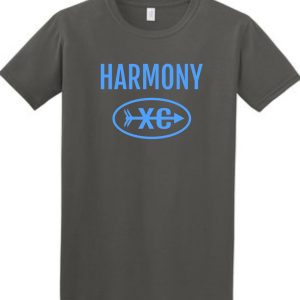 Gray "Harmony XC Gildan Performance Charcoal" t-shirt with the word "harmony" and a stylized blue logo that includes a fish design and the letters "xg".