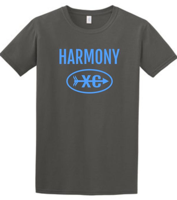 Gray "Harmony XC Gildan Performance Charcoal" t-shirt with the word "harmony" and a stylized blue logo that includes a fish design and the letters "xg".