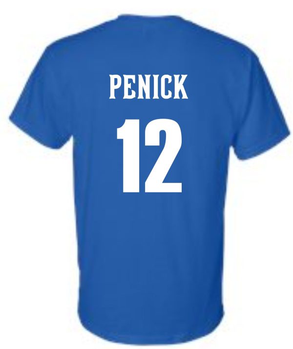 CEC Baseball Royal blue T-shirt G8000 with the name "penick" and the number "12" printed in white on the back.