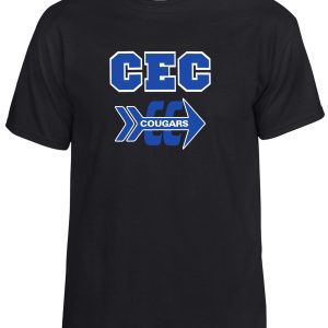 CEC Cross Country Black T shirt G8000 featuring the logo "cec cougars" with a stylized cougar graphic in blue and white.