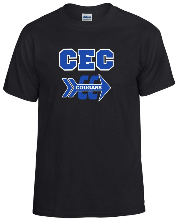 CEC Cross Country Black T shirt G8000 featuring the logo "cec cougars" with a stylized cougar graphic in blue and white.