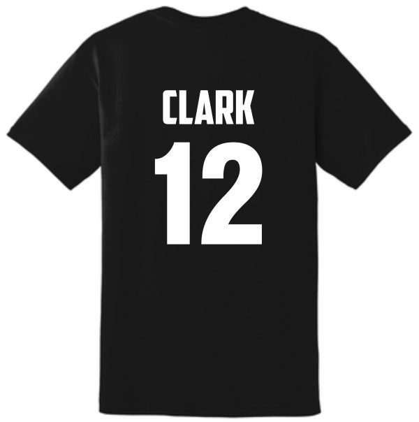 A black Hoops For Christ Basketball words T shirt G8000 with white text "clark" above the number "12" printed on the back.