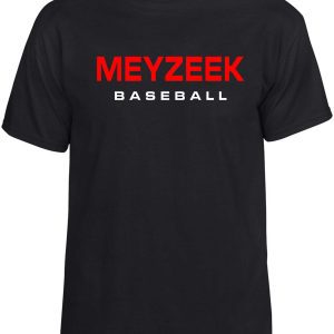 Meyzeek Baseball 50/50 poly cotton blend black t-shirt G8000 with the words "meyzeek baseball" in red and white text on the front.