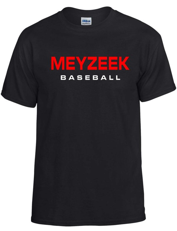 Meyzeek Baseball 50/50 poly cotton blend black t-shirt G8000 with the words "meyzeek baseball" in red and white text on the front.