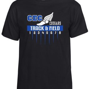 CEC Track Black T shirt G8000 with "cec cougars track & field" design featuring a running track graphic and a winged shoe.