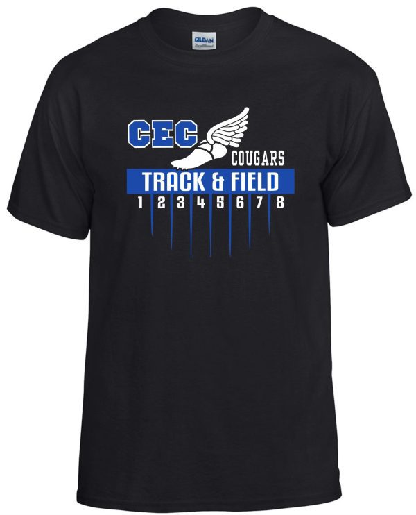 CEC Track Black T shirt G8000 with "cec cougars track & field" design featuring a running track graphic and a winged shoe.