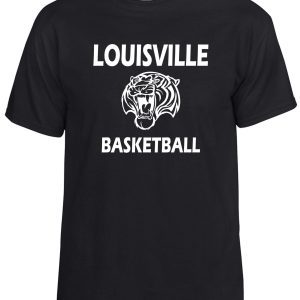 Louisville Tigers Basketball Black T shirt G8000 featuring white text "louisville basketball" and a stylized graphic of a roaring bear's head.