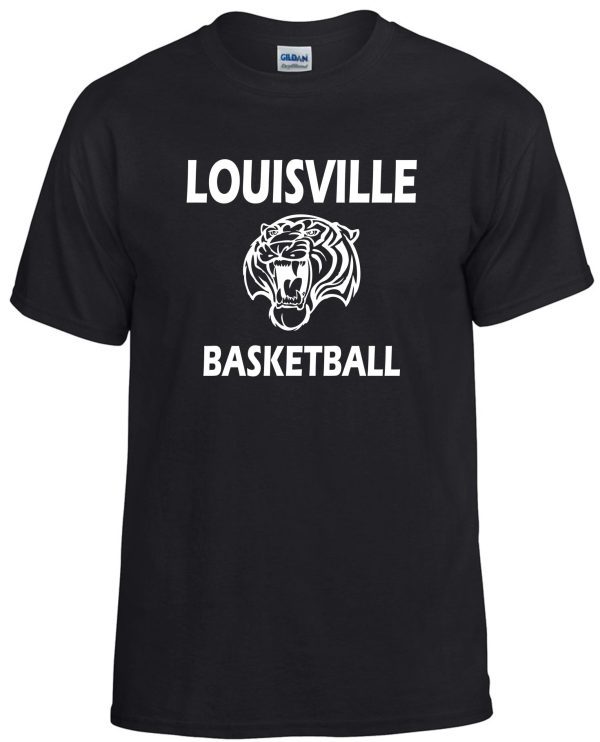 Louisville Tigers Basketball Black T shirt G8000 featuring white text "louisville basketball" and a stylized graphic of a roaring bear's head.