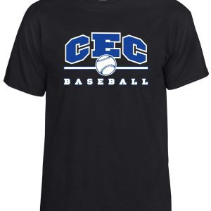 Black t-shirt with "CEC baseball" graphic including stylized letters and a baseball image in the center.