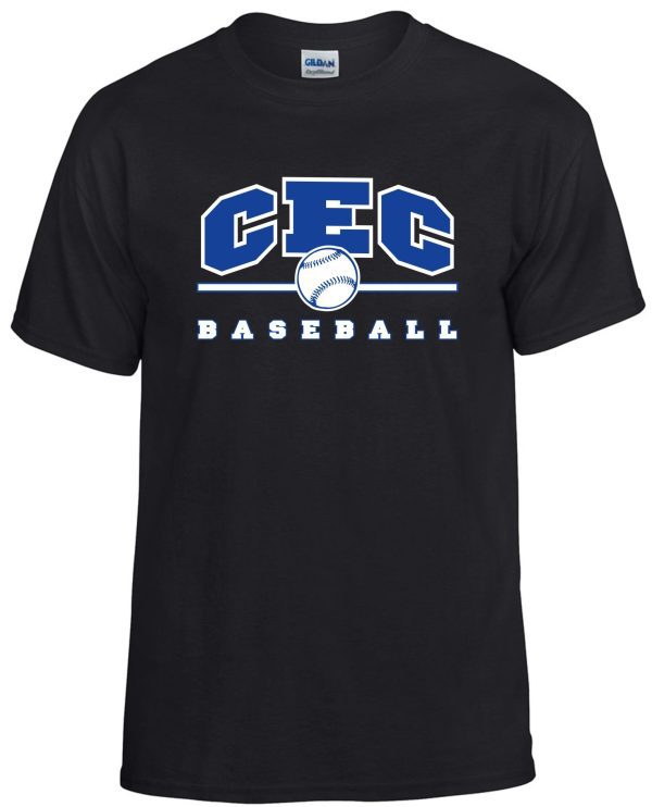 Black t-shirt with "CEC baseball" graphic including stylized letters and a baseball image in the center.