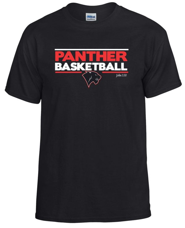 Heart For Christ Basketball T shirt G8000 with "panther basketball" in red and white text, featuring a panther logo and the text "john 3:30" below.