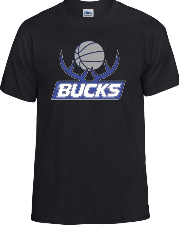 Bucks Basketball short sleeve cotton G8000 t-shirt featuring a blue and white "bucks" logo with a stylized basketball and antler graphic.