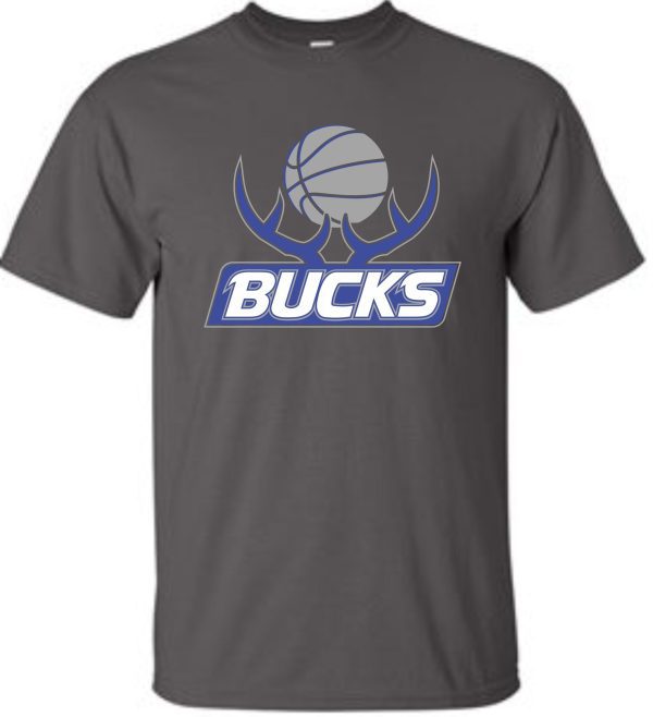 Bucks Basketball short sleeve cotton G8000 t-shirt with a basketball and antler design in blue and white colors.