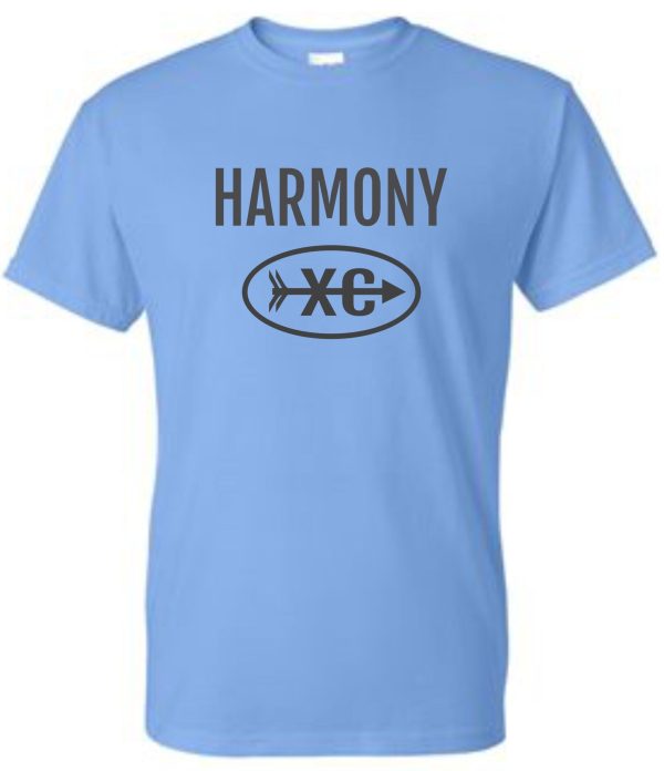 Harmony XC Columbia Blue cotton T shirt G5000 with the word "harmony" and the letters "xc" inside an oval graphic.