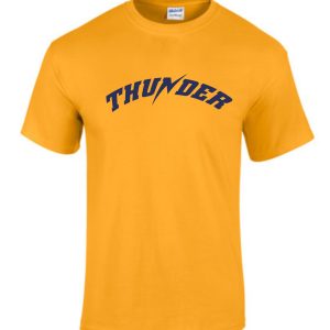 Yellow Thunder Baseball 50/50 blend T shirt with the word "thunder" printed in large, blue letters across the chest.