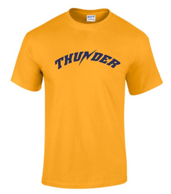 Yellow Thunder Baseball 50/50 blend T shirt with the word "thunder" printed in large, blue letters across the chest.