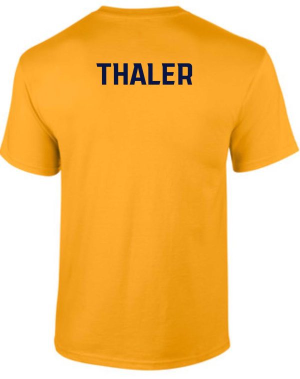 Back view of a St Matthews Elementary Track Gold cotton G8000 t-shirt with the word "thaler" printed in bold, uppercase letters across the upper back.