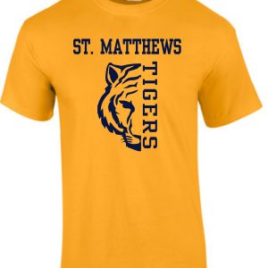 St Matthews Elementary Track Gold cotton G8000 t-shirt with "st. matthews tigers" text and a tiger face logo in black on the front.