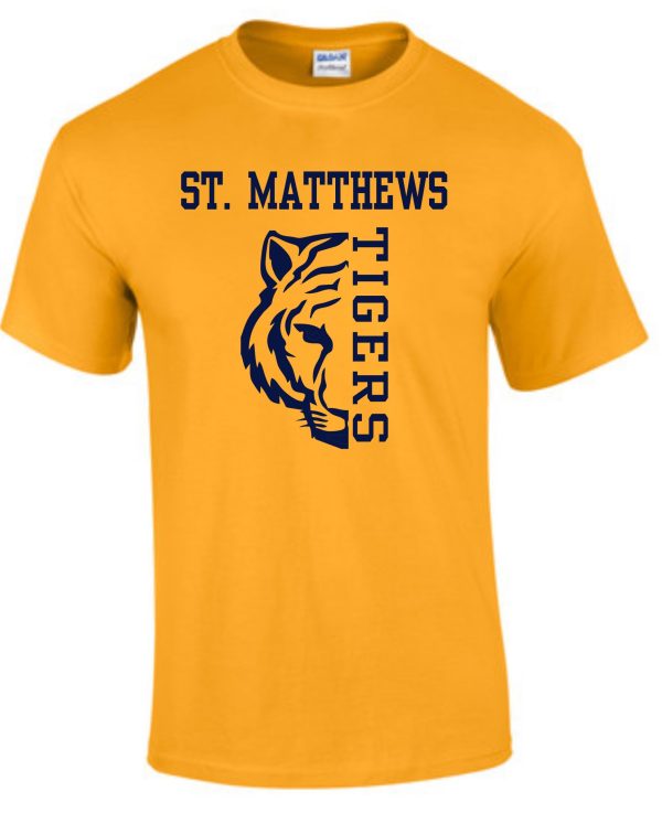 St Matthews Elementary Track Gold cotton G8000 t-shirt with "st. matthews tigers" text and a tiger face logo in black on the front.