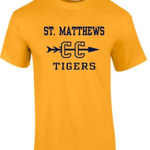 St Matthews Elementary Cross Country Gold cotton G8000 t-shirt with the logo "st. matthews cc tigers" featuring arrow designs on the front.