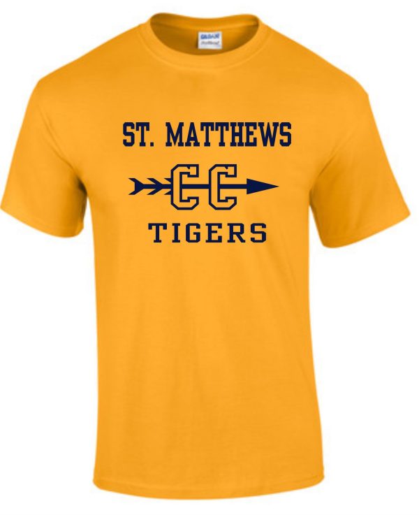 St Matthews Elementary Cross Country Gold cotton G8000 t-shirt with the logo "st. matthews cc tigers" featuring arrow designs on the front.