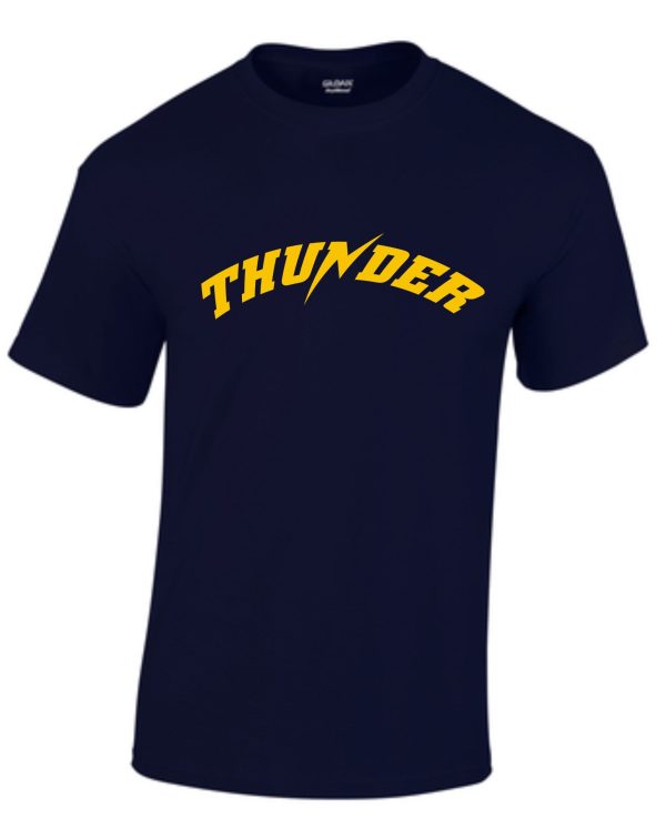 Thunder Baseball 50/50 blend T shirt with the word "thunder" in bold yellow letters across the chest.