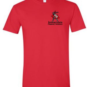 Immaculata Red T-shirt with the Immaculata Classical Academy logo featuring a knight on horseback.