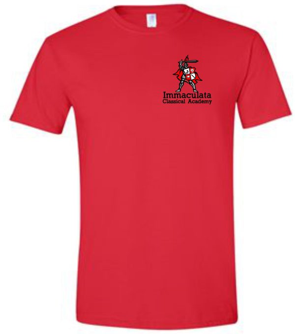 Immaculata Red T-shirt with the Immaculata Classical Academy logo featuring a knight on horseback.