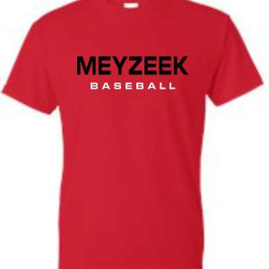 Meyzeek Baseball 50/50 poly cotton blend red t-shirt G8000 with the words "meyzeek baseball" printed in bold, black letters across the chest.