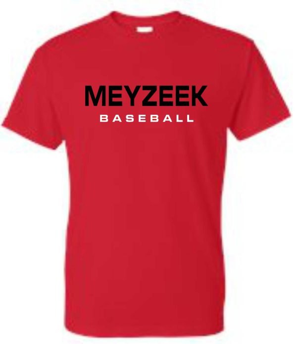 Meyzeek Baseball 50/50 poly cotton blend red t-shirt G8000 with the words "meyzeek baseball" printed in bold, black letters across the chest.