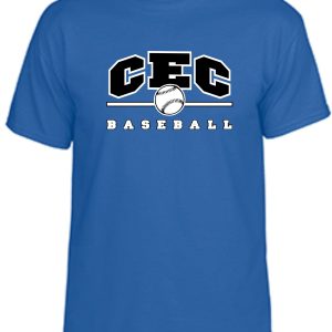 CEC Baseball Royal blue T shirt G8000 with "cec baseball" text and a baseball graphic in black and white on the front.