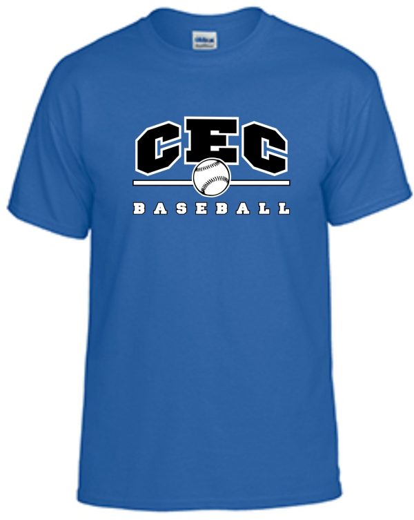 CEC Baseball Royal blue T shirt G8000 with "cec baseball" text and a baseball graphic in black and white on the front.