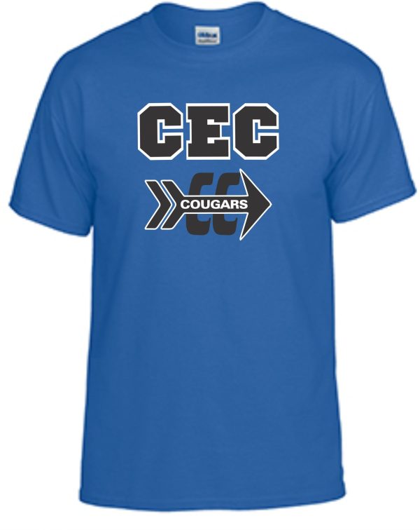 CEC Cross Country Royal T shirt G8000 featuring the logo "cec cougars" with a grey cougar graphic under the text.