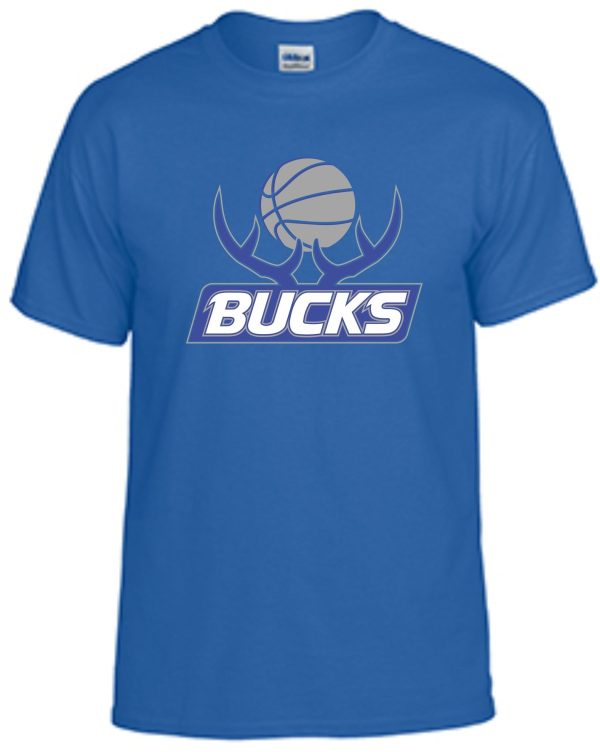 Bucks Basketball short sleeve cotton G8000 t-shirt featuring the word "bucks" in bold and a stylized basketball graphic above it.