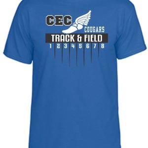 CEC Track Royal T shirt G8000 with winged graphic above text and eight track lanes below.