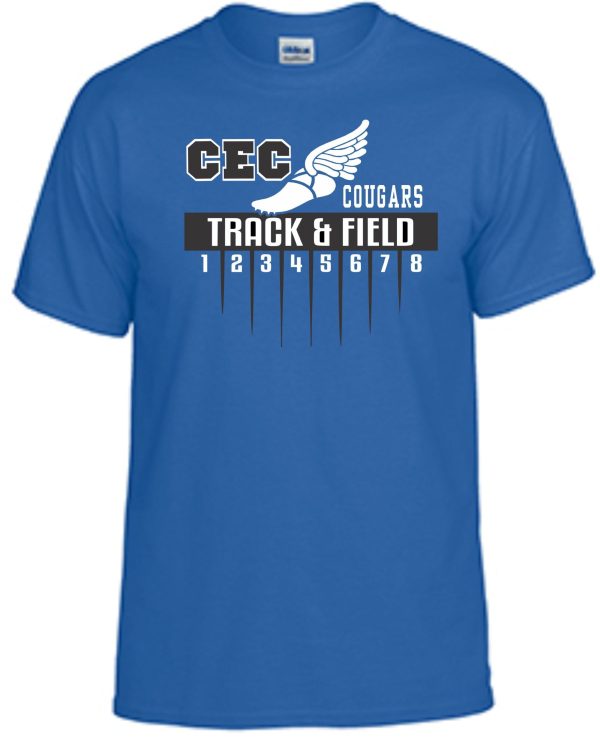 CEC Track Royal T shirt G8000 with winged graphic above text and eight track lanes below.