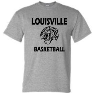 Louisville Tigers Basketball Sport gray T shirt G8000 with "louisville basketball" text and a tiger face graphic in black and white.