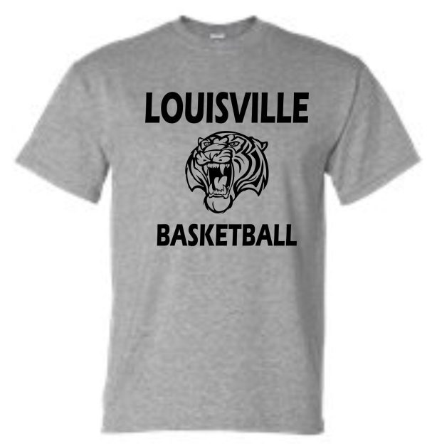 Louisville Tigers Basketball Sport gray T shirt G8000 with "louisville basketball" text and a tiger face graphic in black and white.