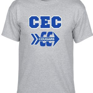 CEC Cross Country Sport gray T shirt G8000 with the logo "cec cougars" in blue letters, featuring a stylized cougar graphic.