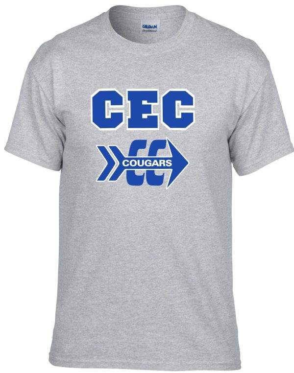 CEC Cross Country Sport gray T shirt G8000 with the logo "cec cougars" in blue letters, featuring a stylized cougar graphic.