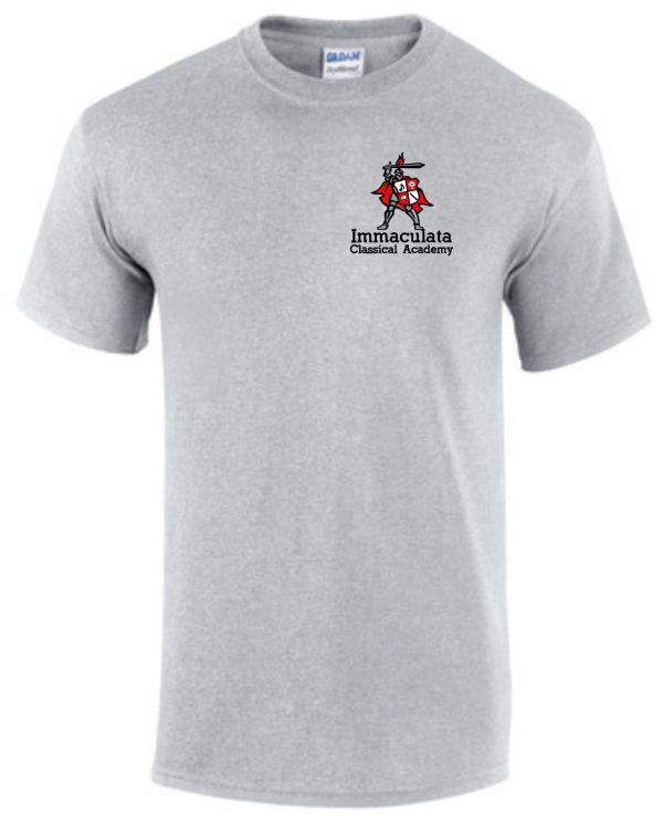 Immaculata Sport Gray T-shirt with left chest print featuring a red and black knight.