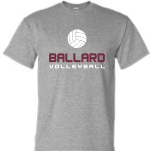 Ballard Volleyball spirit t shirt G8000 with "ballard volleyball" logo featuring a stylized volleyball graphic in white and maroon.