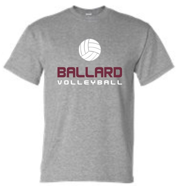 Ballard Volleyball spirit t shirt G8000 with "ballard volleyball" logo featuring a stylized volleyball graphic in white and maroon.