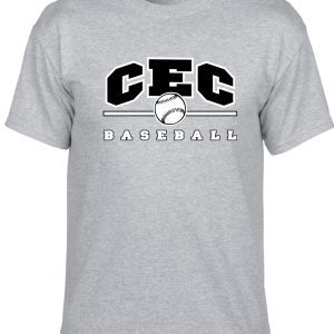 CEC Baseball Sport gray T-shirt G8000 with "cec baseball" logo featuring a baseball and bold block letters on the front.