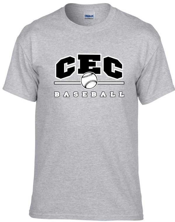 CEC Baseball Sport gray T-shirt G8000 with "cec baseball" logo featuring a baseball and bold block letters on the front.